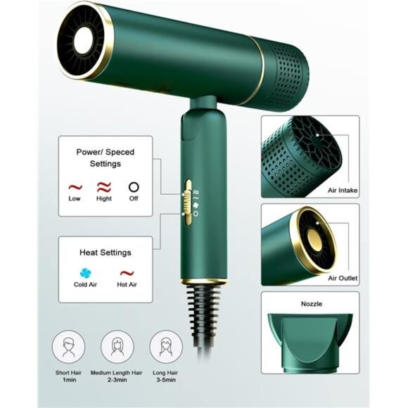 7MAGIC Fast-Drying Hair Dryer, Foldable Ionic with Storage Bag for Travel, - Picture 6 of 7